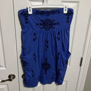 Blue tribal print strapless dress